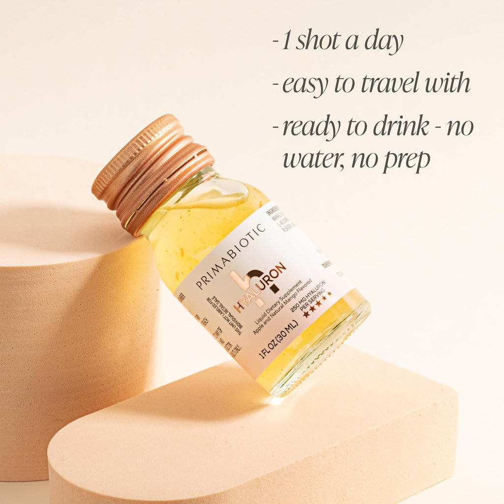 Liquid Radiance: Primabiotic Hyaluronic Acid 250mg Shots (Mango Flavor).
